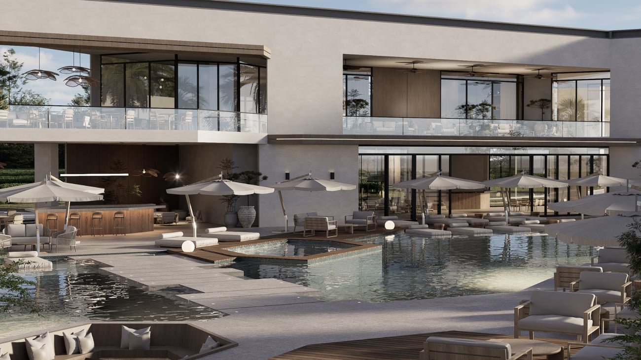Club house al atardecer con piscina