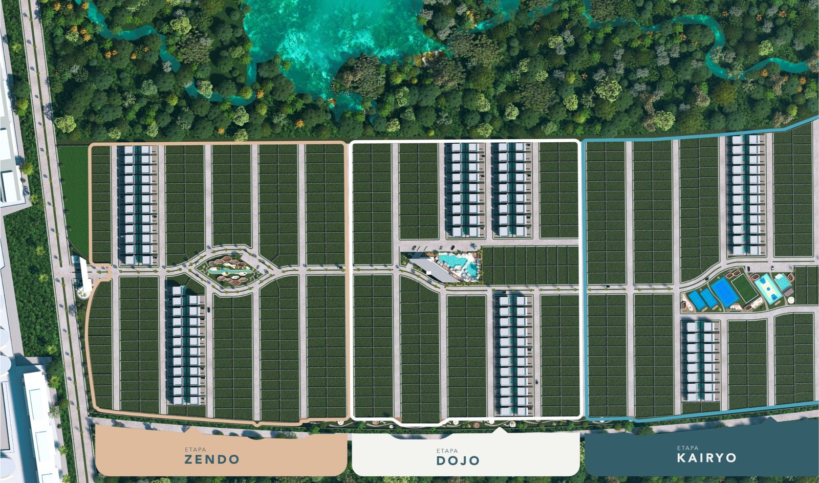 Masterplan aéreo de Szenza con las etapas Zendo, Dojo y Kairyo