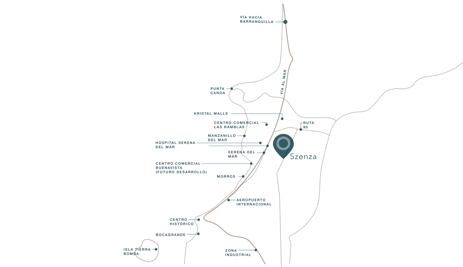 Mapa de ubicación de Szenza en la Zona Norte de Cartagena con puntos de interés